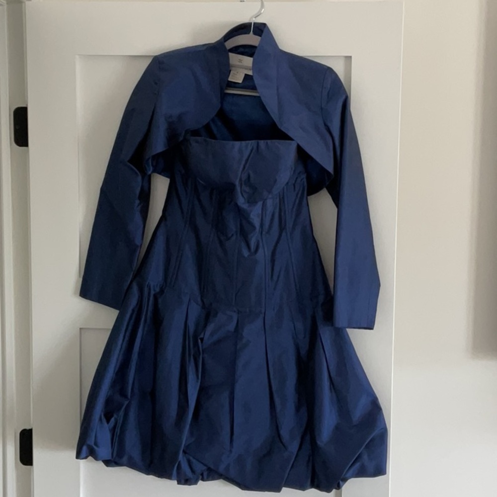 Blue Strapless Pleated Fit and Flare Dress
